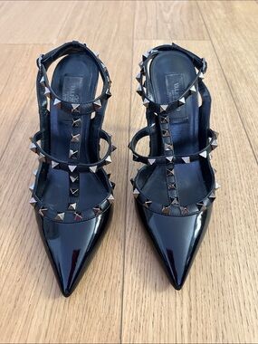 Valentino Black Patent Leather Rockstud T-Strap Pointed Heels